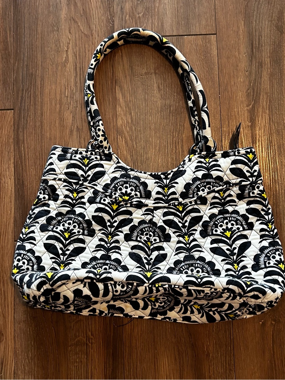 Vera Bradley Large Black White Yellow Pleated Tote Bag Purse Fanfare Zip